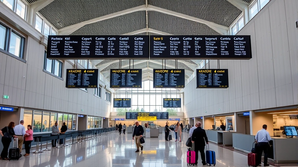 Boston Logan International Airport departure hall with modern architecture, departure boards, and travelers with luggage at check-in counters