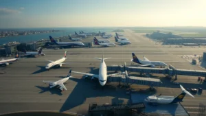 Aerial view of Boston Logan Airport with aircraft parked at gates, morning light, commercial airport infrastructure, bustling tarmac with ground vehicles
