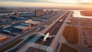 Aerial view of Boston Logan International Airport with planes on runway and city skyline in background, golden hour lighting, photorealistic