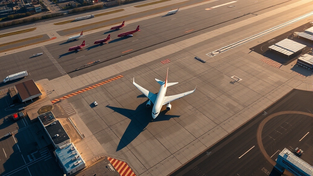 Aerial view of Boston Logan International Airport with aircraft on tarmac, morning sunlight, professional photography