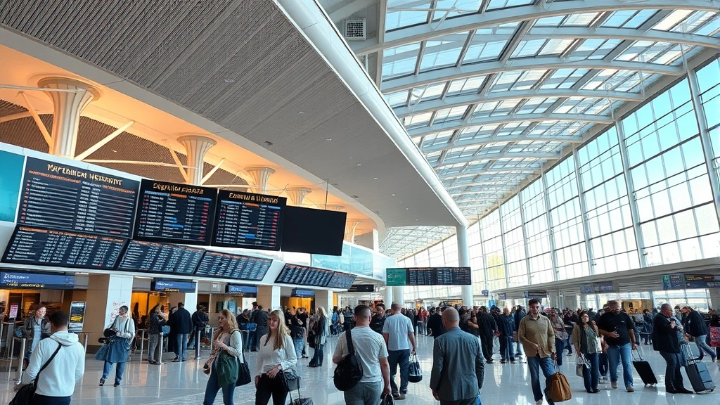 Modern airport terminal interior with travelers and flight information displays, bustling activity, natural lighting