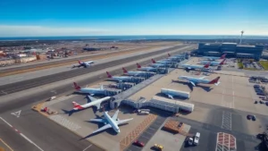 Aerial view of Boston Logan International Airport with planes at gates, blue sky, busy tarmac, professional photography