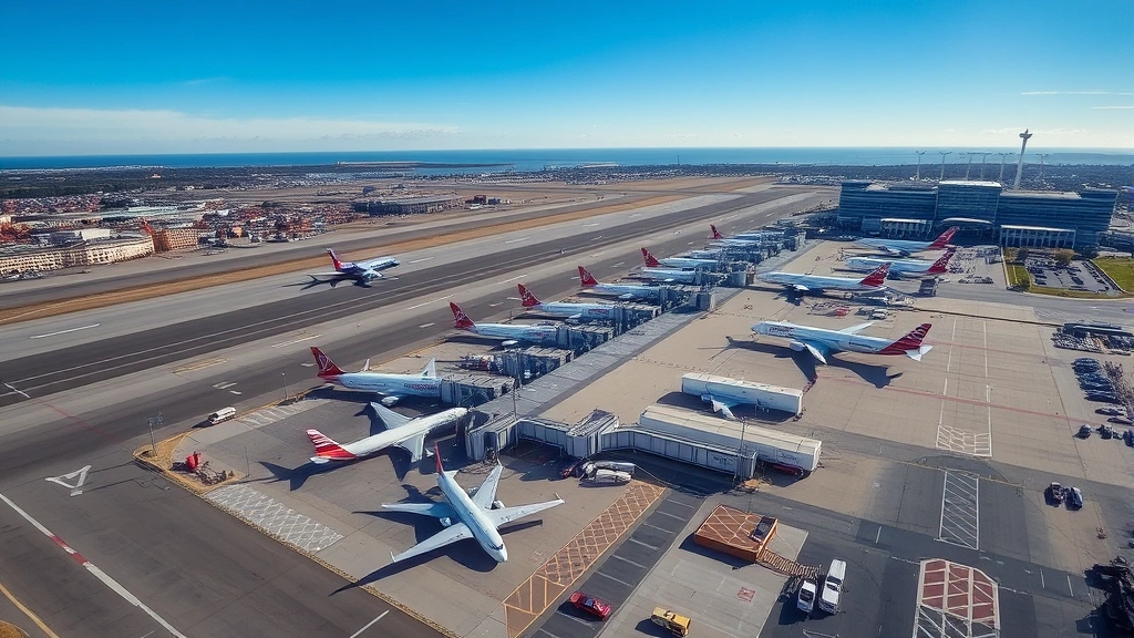 Aerial view of Boston Logan International Airport with planes at gates, blue sky, busy tarmac, professional photography