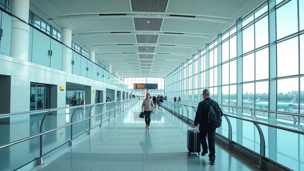 Detroit Metropolitan Airport modern terminal interior with bright natural light, travelers walking, contemporary architecture, clean design