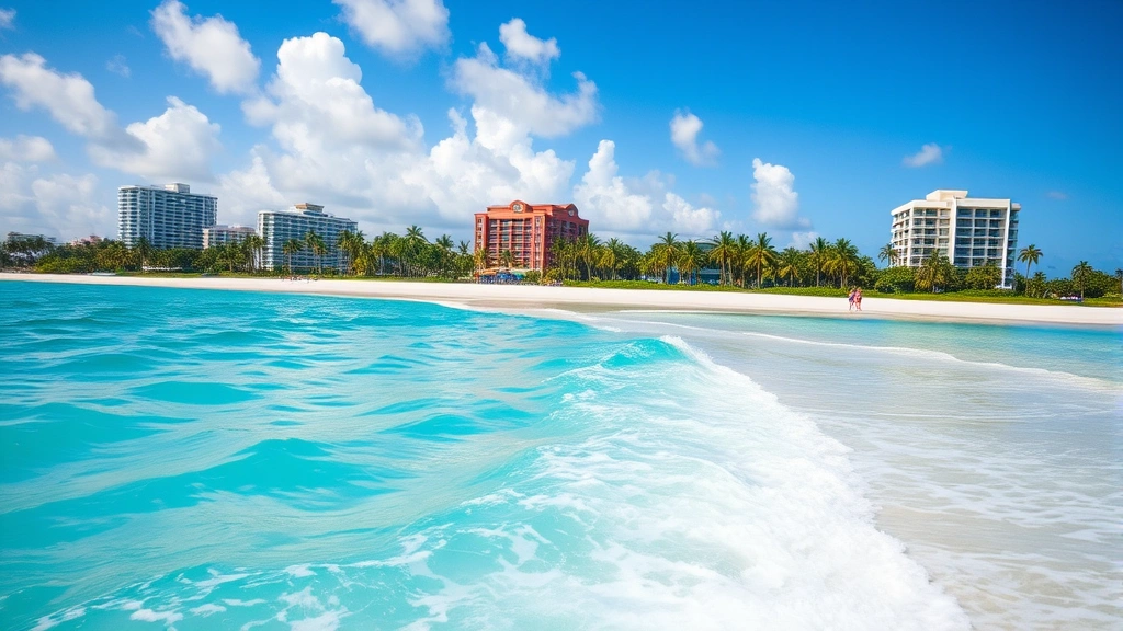 Turquoise ocean water meeting white sandy beach in Miami or Fort Lauderdale, Florida, with palm trees and coastal resort buildings in background, tropical paradise scenery