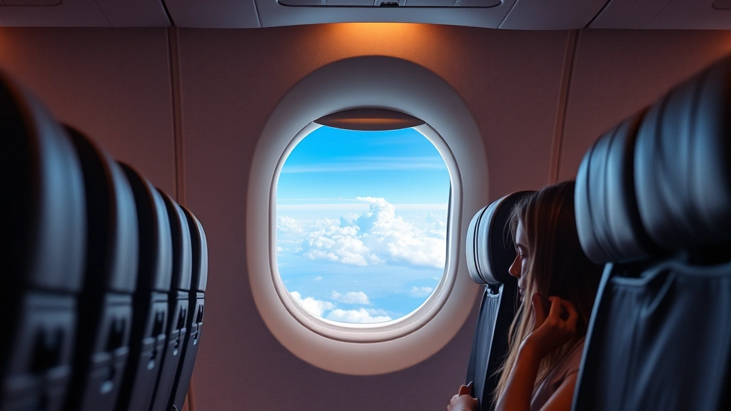 Inside modern aircraft cabin during flight, passengers seated comfortably, window showing blue sky and clouds, warm cabin lighting, in-flight service scene