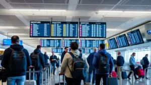 Busy departure hall at Boston Logan International Airport with travelers checking luggage and departure boards displaying flight information