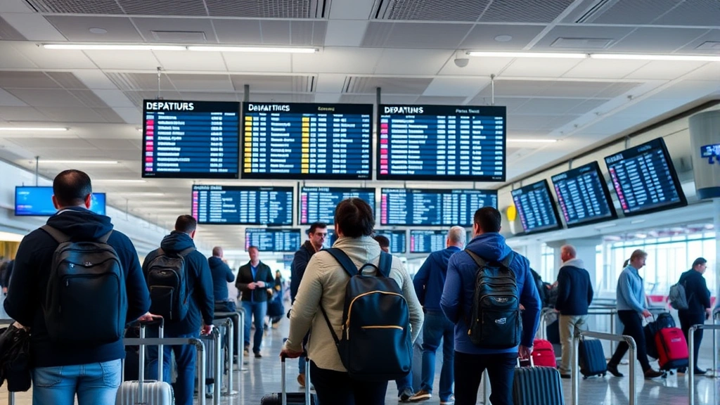 Busy departure hall at Boston Logan International Airport with travelers checking luggage and departure boards displaying flight information