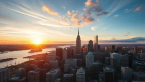 Aerial view of Boston cityscape at sunset with skyscrapers and harbor visible, golden hour lighting, photorealistic travel photography