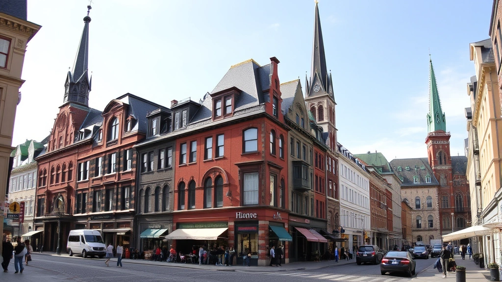 Montreal's Old Town district with historic cobblestone streets, colorful buildings, and church spires, daytime street-level perspective