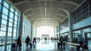 Boston Logan Airport terminal interior with modern architectural design, travelers with luggage, natural lighting from large windows, contemporary airport aesthetic