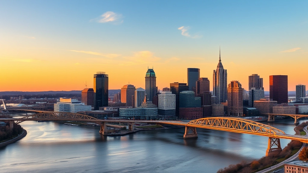 Pittsburgh skyline at sunset with rivers and bridges in foreground, golden hour lighting, downtown cityscape with modern buildings and historic architecture