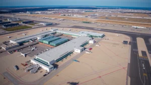 Aerial view of Boston Logan International Airport with aircraft gates, modern terminal buildings, and runway infrastructure during daytime