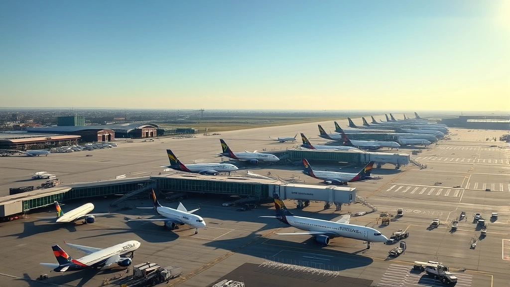 Aerial view of Boston Logan International Airport with commercial aircraft parked at gates, morning sunlight, busy tarmac activity