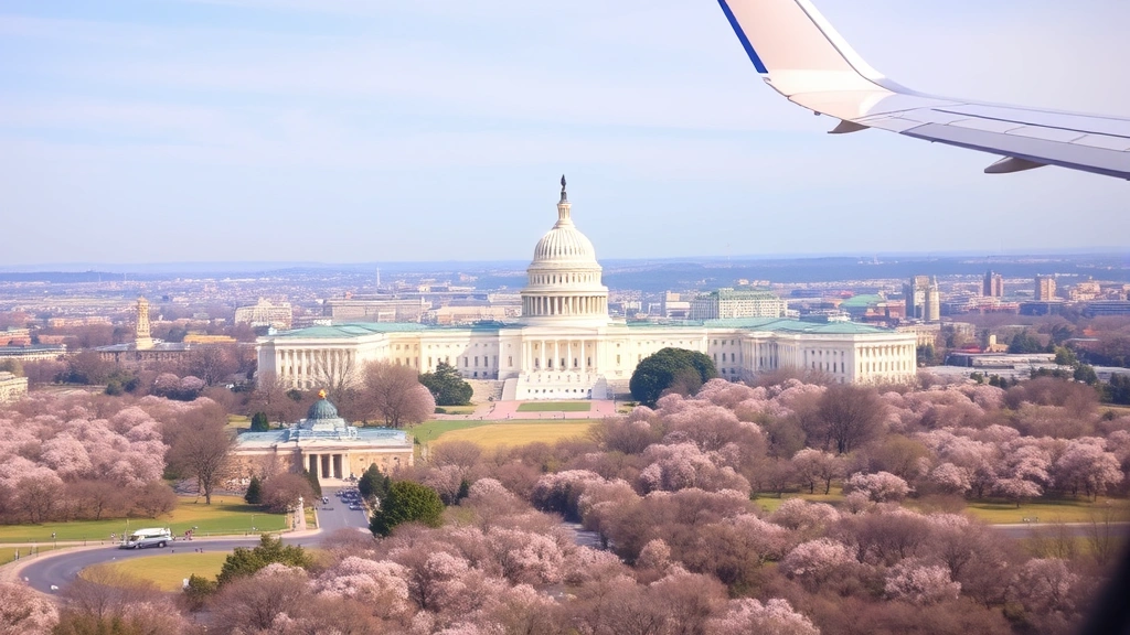 Washington DC skyline with Capitol Building and cherry blossoms, viewed from airplane window during landing approach, spring season
