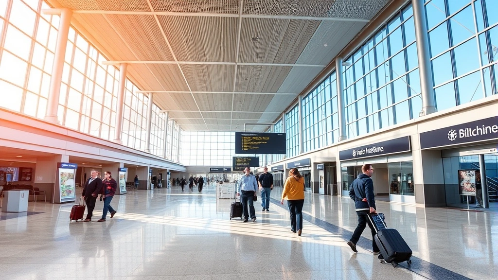 Buffalo Niagara International Airport terminal interior with modern architecture and bright natural lighting, travelers walking with luggage, contemporary airport design with clean lines