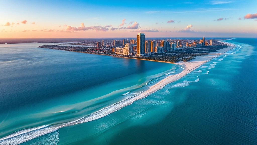 Aerial view of Tampa coastline with turquoise Gulf waters, white sandy beaches, downtown skyline in background, sunset lighting over water, vibrant coastal landscape