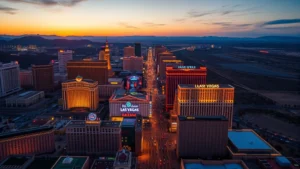 Aerial view of Las Vegas Strip at sunset with bright neon lights reflecting off buildings, desert landscape surrounding the city, golden hour photography