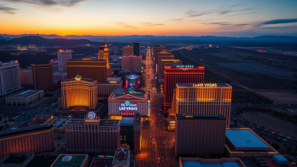 Aerial view of Las Vegas Strip at sunset with bright neon lights reflecting off buildings, desert landscape surrounding the city, golden hour photography