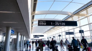 Burbank Airport (BUR) departure hall with modern architecture, passengers with luggage moving through the terminal, bright natural lighting through windows, California atmosphere