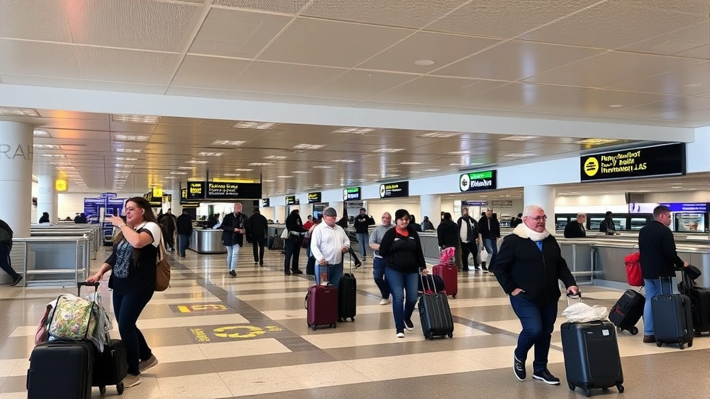 Harry Reid International Airport (LAS) baggage claim area with travelers collecting luggage, modern airport design, helpful signage, ground transportation options visible in background