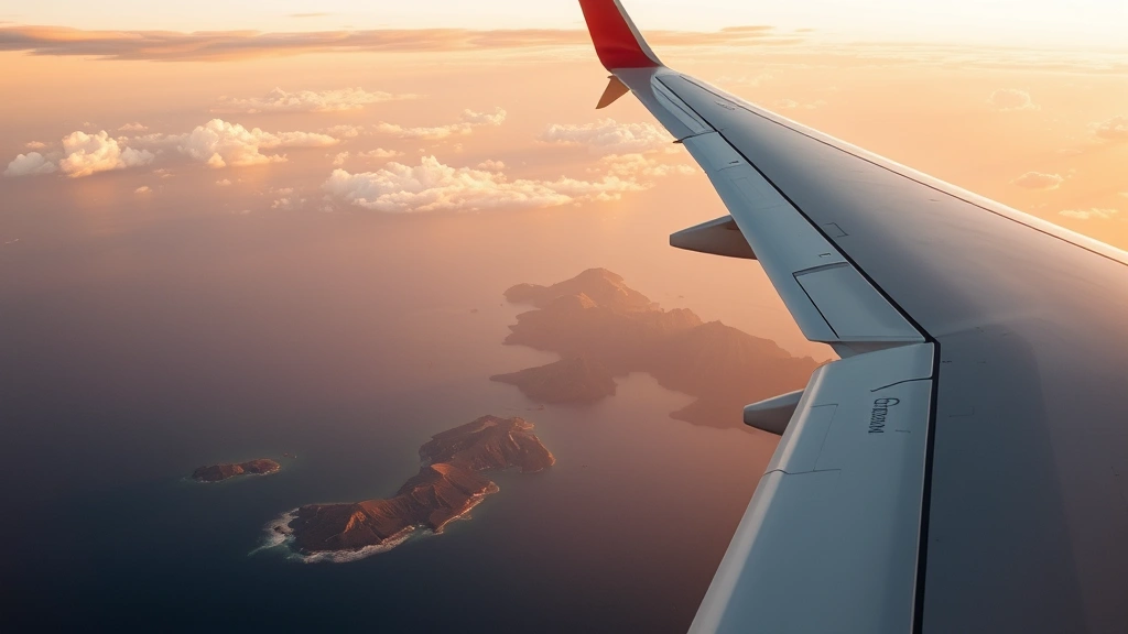 Aerial view of aircraft wing over Pacific Ocean with Hawaiian islands visible below, golden hour lighting, realistic photography, no text