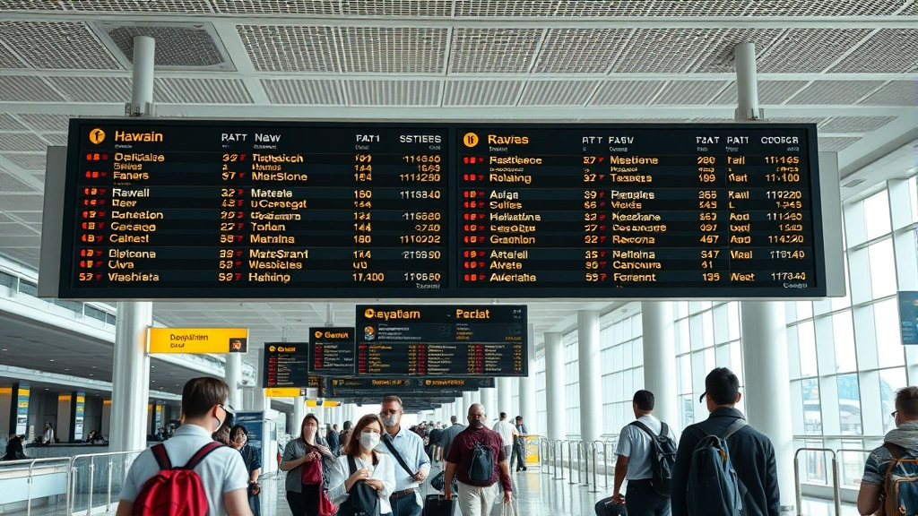 Crowded airport terminal departure board showing Hawaiian destinations, travelers with luggage, modern airport interior, realistic daytime scene