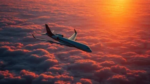 Aerial view of commercial airplane ascending above clouds during golden hour sunrise, photorealistic high-resolution travel photography, no text visible