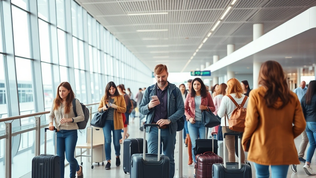 Airport departure lounge with diverse travelers checking boarding passes and luggage, modern terminal architecture, natural lighting, photorealistic travel scene