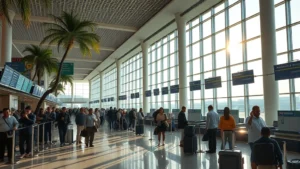 Busy Manila airport terminal with passengers waiting at check-in counters, tropical airport architecture, morning sunlight streaming through windows, realistic travel scene