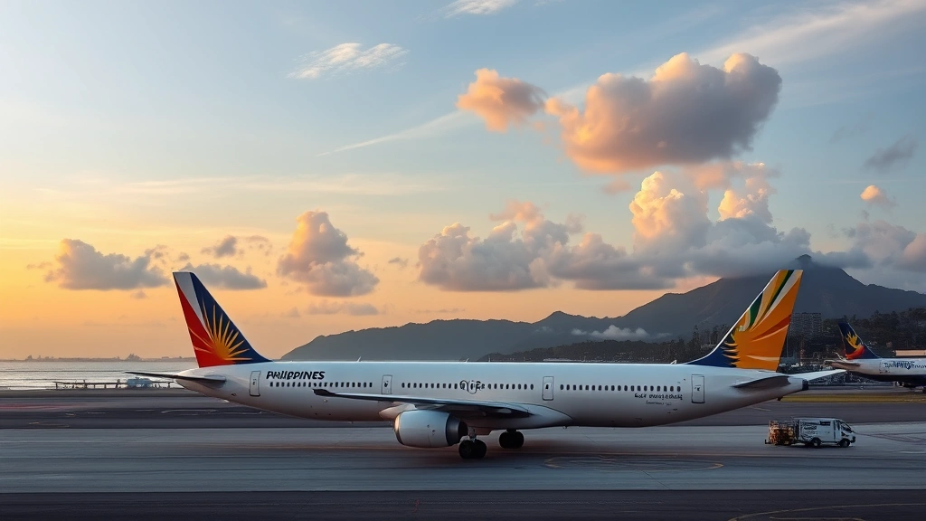 Philippine Airlines or Cebu Pacific aircraft on tarmac with tropical sunset in background, island landscape visible, realistic aviation photography, golden hour lighting