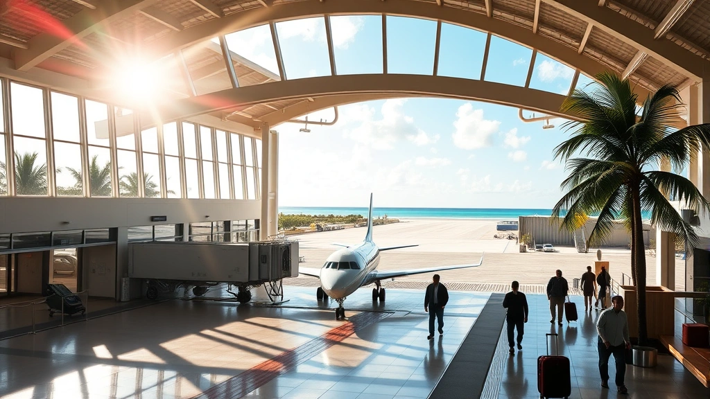 Tropical Caribbean airport terminal with modern aircraft at gate, bright morning sunlight streaming through large windows, passengers walking with luggage, turquoise ocean visible beyond runway