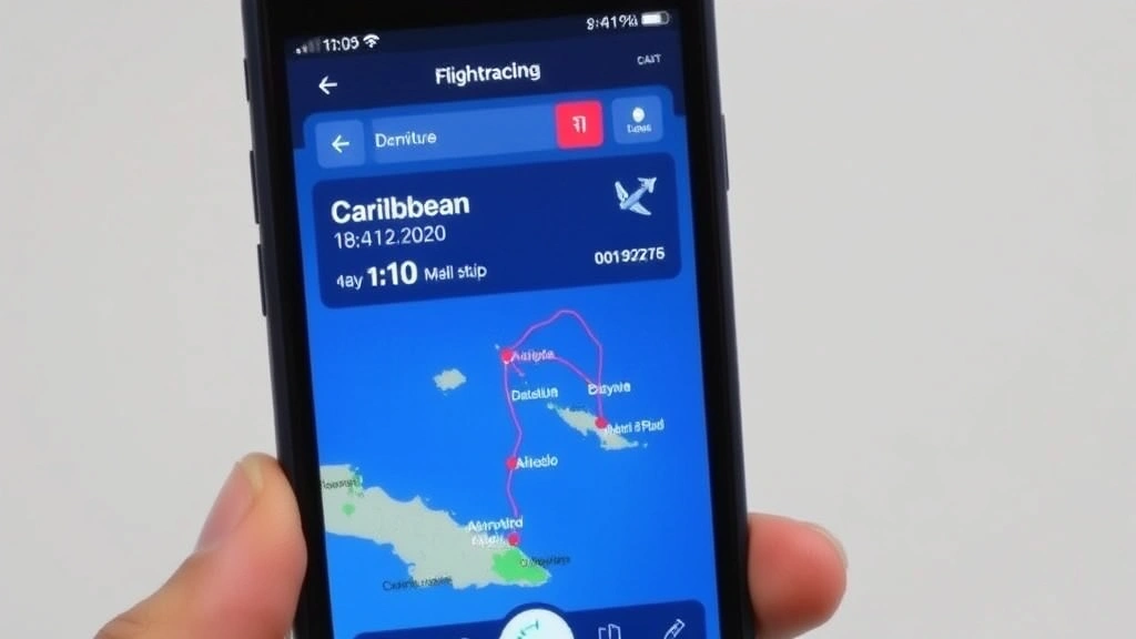 Real-time flight tracking display on smartphone screen showing Caribbean Airlines flight path with departure/arrival times, altitude gauge, and map interface with island destinations