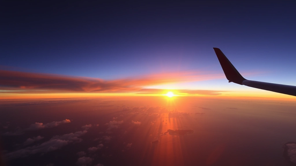 Sunset view from aircraft window over Caribbean island chain, scattered clouds below, multiple islands visible, golden hour lighting reflecting on ocean waters