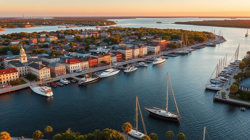 Aerial view of Charleston harbor with historic waterfront buildings, sailboats, and palmetto trees at golden hour, photorealistic travel photography