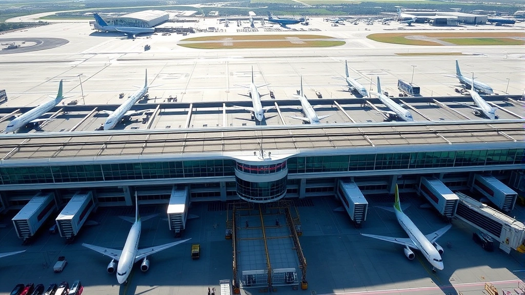 Aerial view of Charlotte Douglas International Airport terminal with planes parked at gates, modern architecture, bright daylight, bustling airport activity