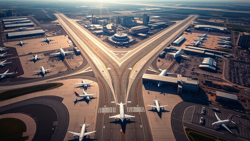 Aerial view of Charlotte Douglas International Airport with runways and morning sunlight, commercial aircraft on tarmac, bustling hub activity