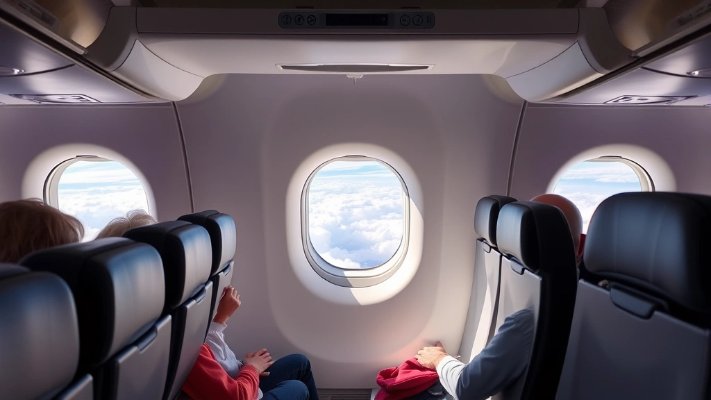 Modern airplane interior cabin during cruise with passengers seated, window view of clouds and blue sky below, comfortable seating arrangement