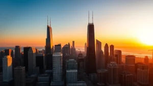 Aerial view of Chicago skyline at sunset with Lake Michigan, downtown skyscrapers reflecting golden light, modern cityscape photography