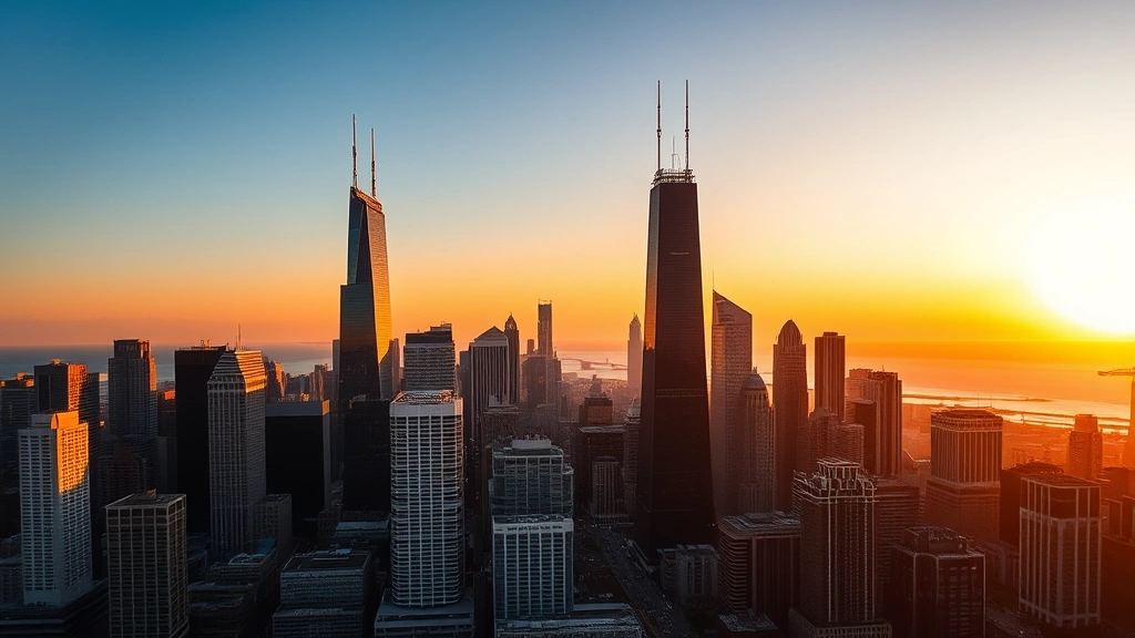 Aerial view of Chicago skyline at sunset with Lake Michigan, downtown skyscrapers reflecting golden light, modern cityscape photography