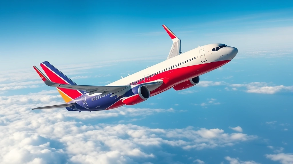 Southwest Airlines Boeing 737 aircraft in flight against blue sky, commercial jet photography, wings visible, clouds below