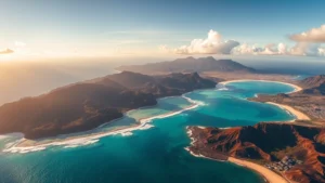 Aerial view of Hawaiian islands with turquoise ocean and white sandy beaches, dramatic volcanic coastlines visible, golden hour sunlight, paradise landscape photography