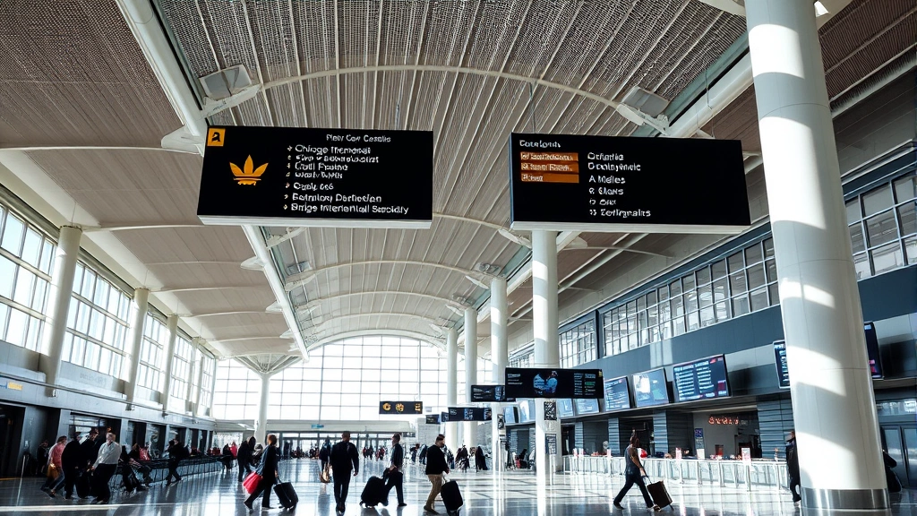 Chicago O'Hare International Airport terminal interior with modern architecture, departure boards, travelers with luggage, bright natural lighting, contemporary airport design
