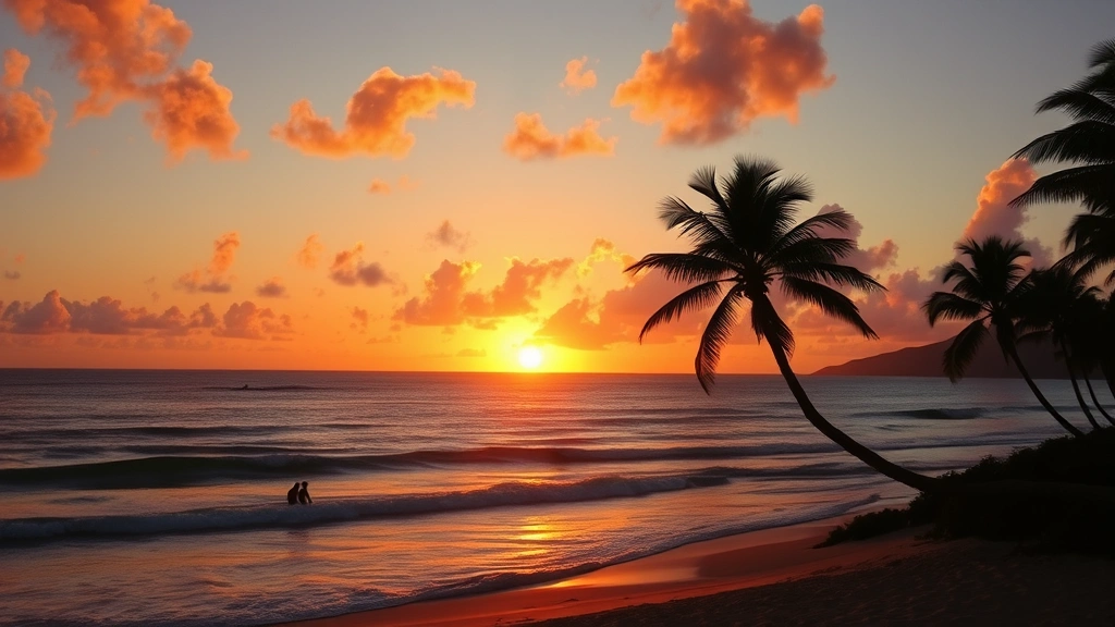 Sunset over Pacific Ocean from Hawaiian beach with palm trees, golden-orange sky reflecting on water, silhouettes of surfers, tropical paradise scene