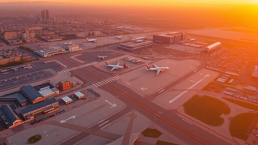 Aerial view of Los Angeles International Airport LAX with runways and aircraft, coastal California landscape visible in distance, golden sunset lighting, professional travel photography