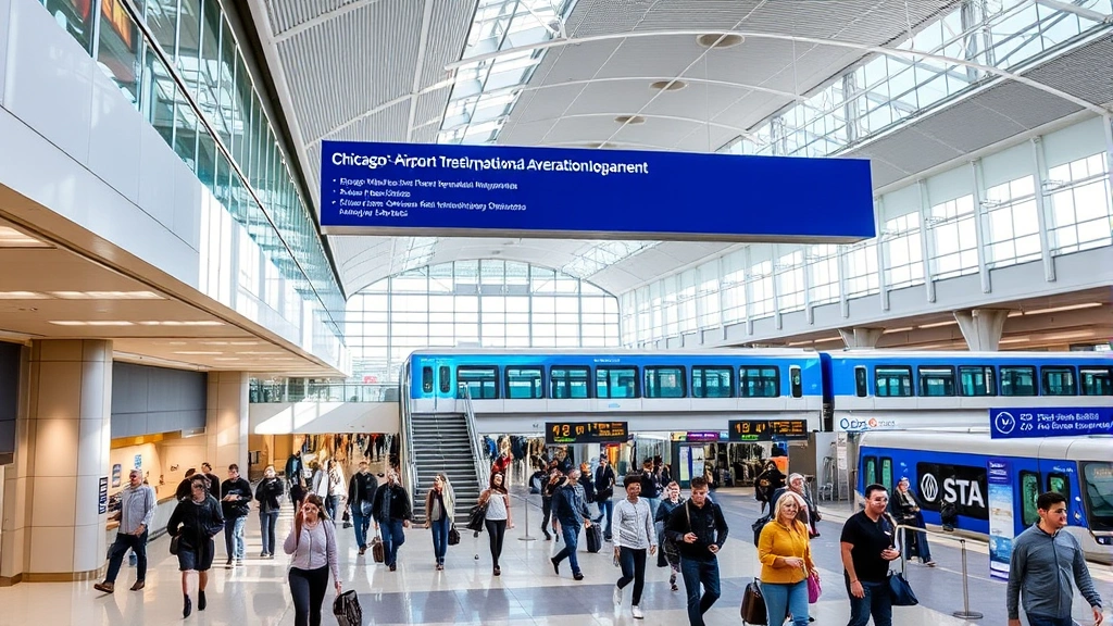 Modern Chicago O'Hare International Airport terminal interior with travelers walking, contemporary architecture, blue CTA train visible, bustling departure area, bright natural lighting