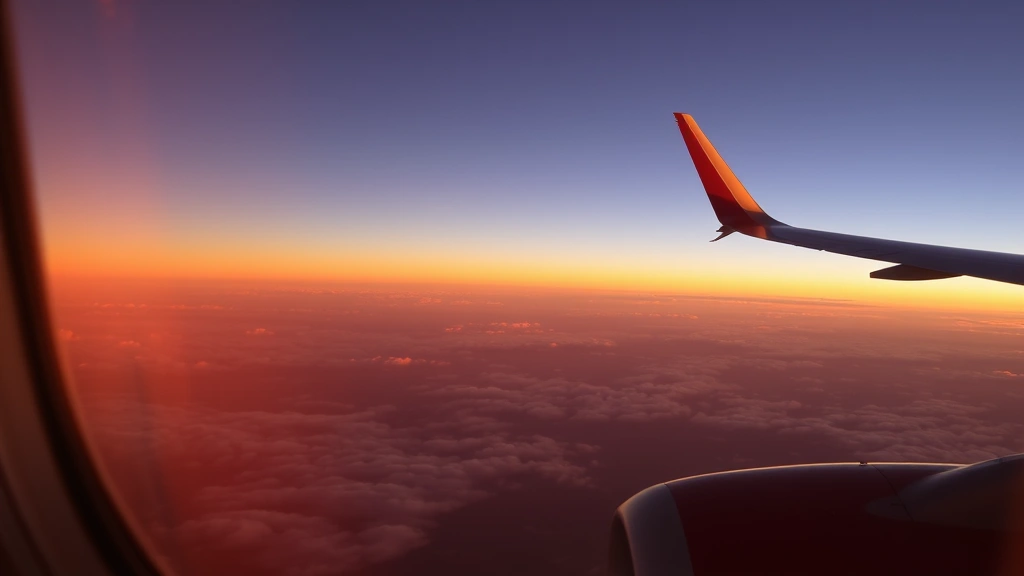 Airplane window view during sunset flight over American landscape, golden clouds, aircraft wing visible, serene travel moment capturing cross-country journey atmosphere
