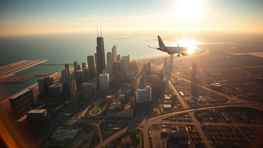 Aerial view of Chicago skyline with Lake Michigan and O'Hare runways visible, morning golden hour light, commercial jet ascending toward viewer, vibrant cityscape below with grid of streets, photorealistic professional photography