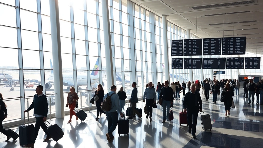 Bright modern airport terminal interior with floor-to-ceiling windows overlooking tarmac, passengers walking with luggage, departure boards displaying flight times, natural daylight streaming in, contemporary architecture, busy travel atmosphere