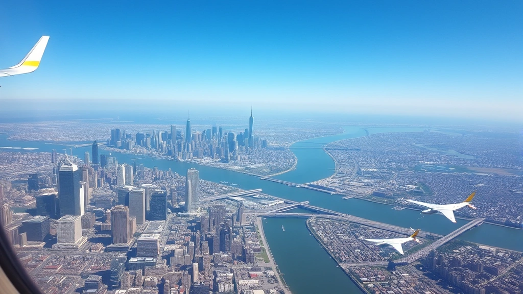Scenic aerial photograph from airplane window showing New York City skyline with Manhattan buildings, Hudson River winding through cityscape, multiple aircraft visible at various altitudes, clear blue sky, photorealistic daytime scene